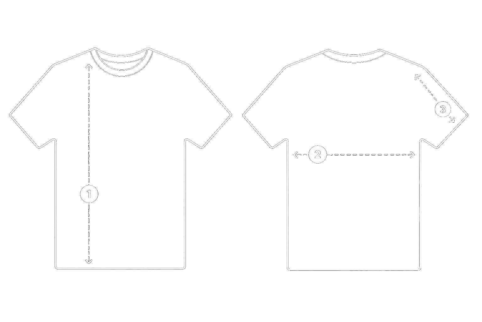 Diagrama de medidas da camiseta: altura (1), largura (2) e manga (3)